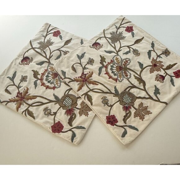 Pottery Barn Embroidered Floral Pillow Covers 23.5" x 23.5" Cotton Linen Beige - Picture 1 of 9